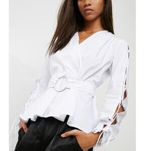 VENUS Top Blouse Women 6 White Open Long Sleeves Lace-up V-neck Belt Buckle
